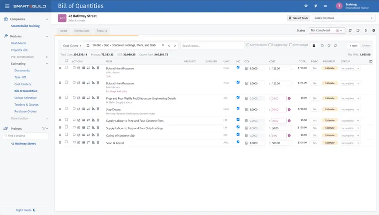 The SmarteBuild bill of quantities, showing costed items grouped by cost centre with project, estimate and margin totals.