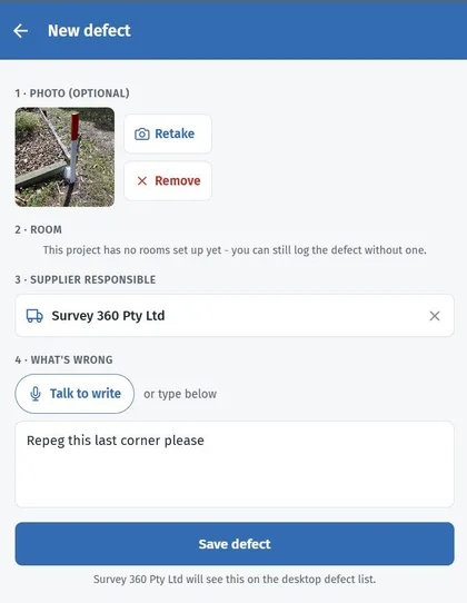 Logging a defect on a phone: a photograph taken on site, the supplier responsible, and the description dictated rather than typed.