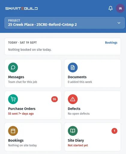 The app's home screen on a phone, showing tiles for messages, documents, purchase orders, defects, bookings and the site diary, each with its current state.