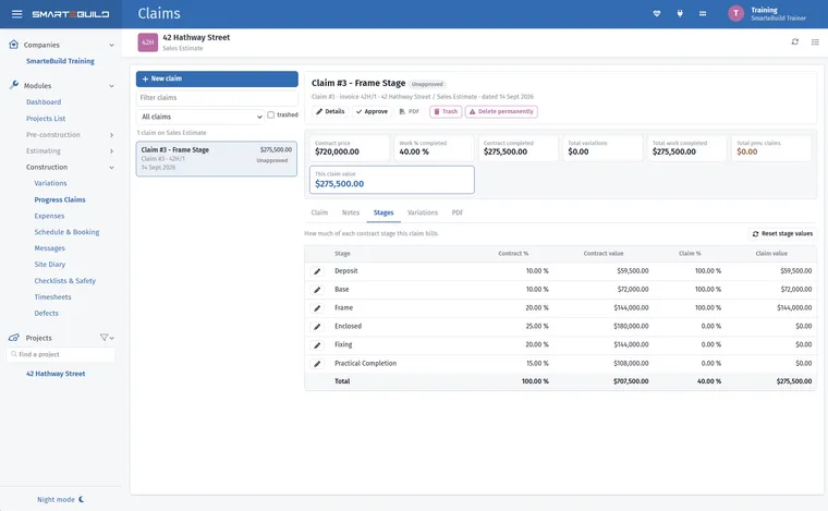 A progress claim in SmarteBuild, claimed by stage with variations included and the payment status recorded.