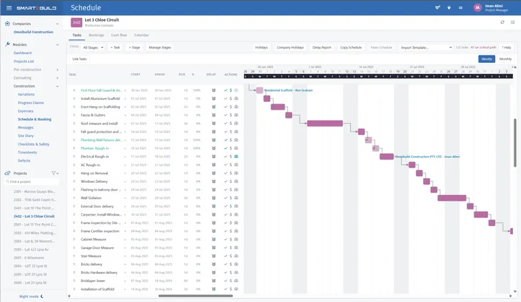 The SmarteBuild schedule as a Gantt chart, with tasks, durations and dependency lines across the programme.