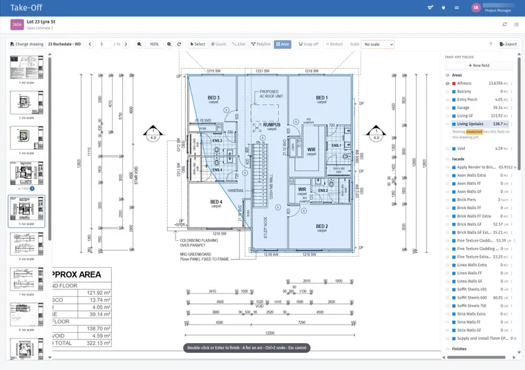 A floor plan open in SmarteBuild Take-Off, with slab areas shaded and wall runs traced, and the measured quantities listed beside the drawing.